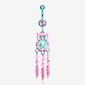 Colorline Guardian Owl Dreamcatcher Belly Button Ring-Teal/Pink